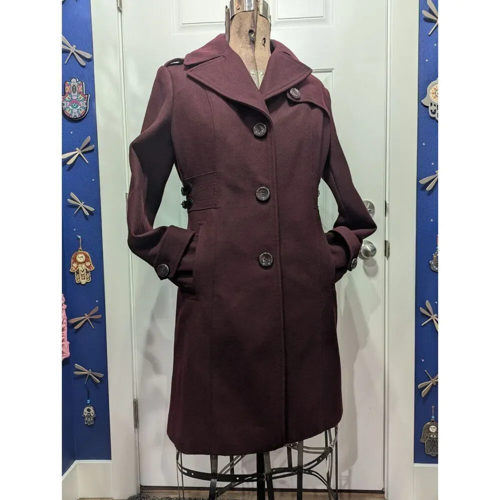 Kenneth Cole Women’s 10 Long Wool Dress Coat A-Line Fit & Flare Buckle Detail Me